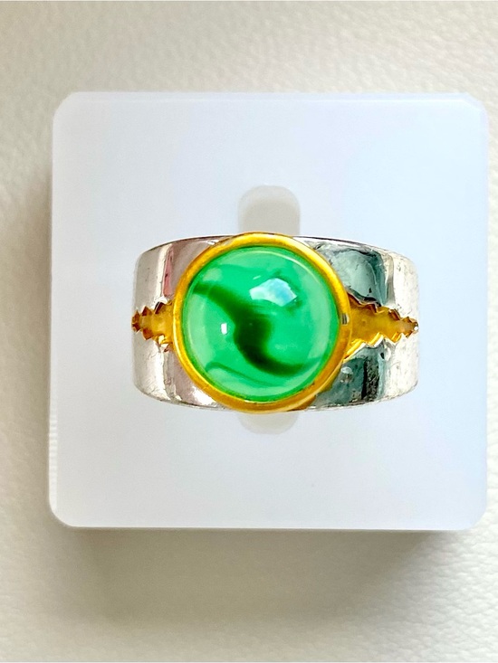 Jewelry - Green Glass Cabochon Silver and Gold Accent Ring